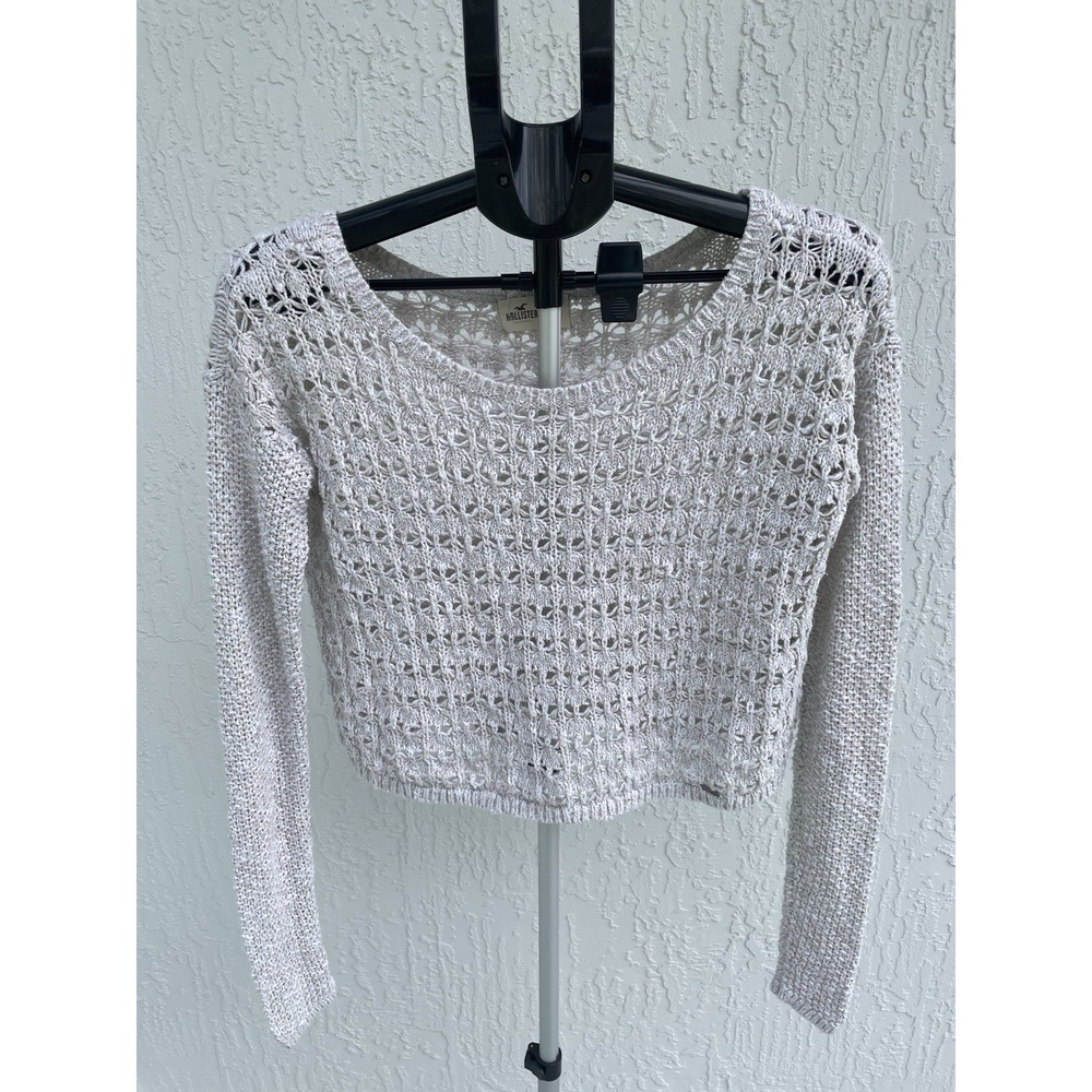 Hollister Womens Cropped Open Knit Sweater Ivory Gold Metallic Shimmer Small‎